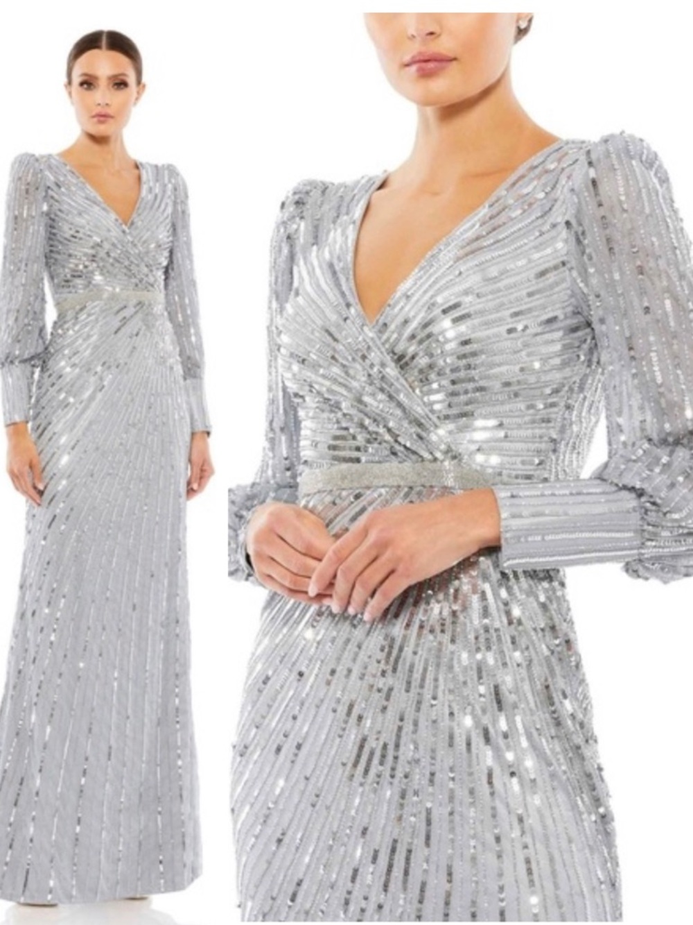 Mac Duggal Sequined Wrap Over Bishop Sleeve Gown Size 14